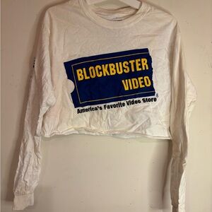 White Crop Long Sleeve T-Shirt with Blue Graphic